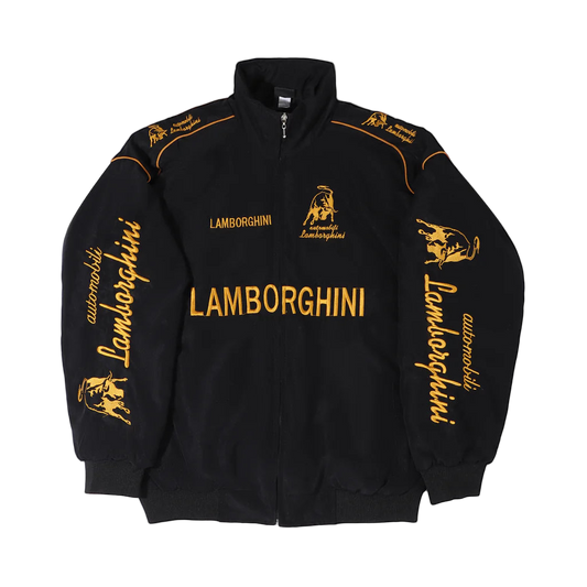 Black jacket with gold Lamborghini branding on a gray background
