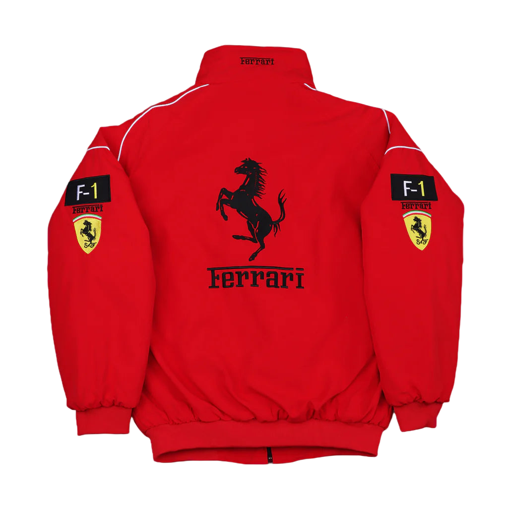 Red Ferrari jacket with logo and branding on a gray background