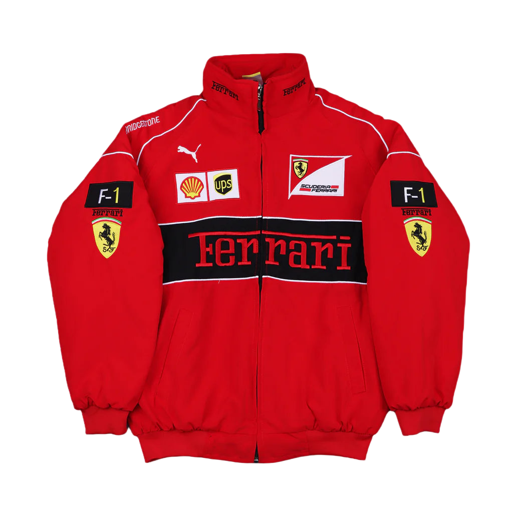 Red Ferrari jacket with various logos on a gray background