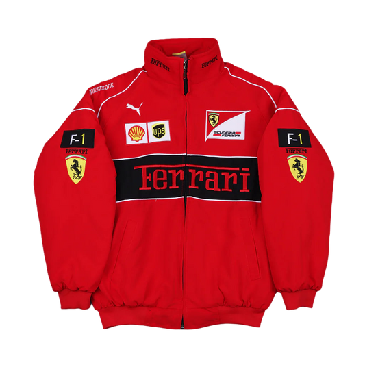 Red Ferrari jacket with various logos on a gray background