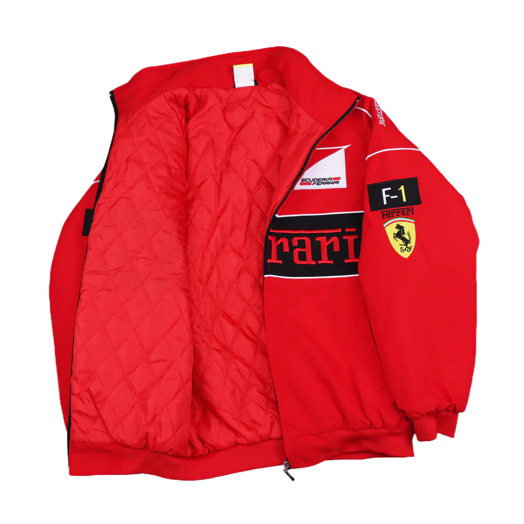 Red jacket with Ferrari logo and branding on a gray background
