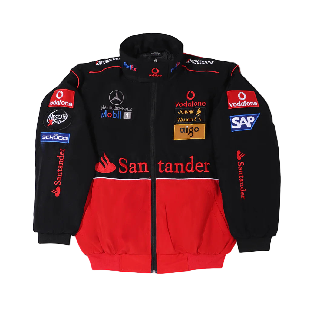Black and red jacket with various brand logos on a gray background