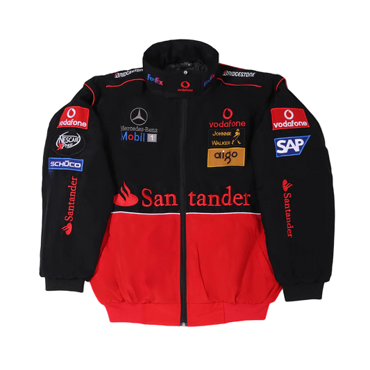 Black and red jacket with various brand logos on a gray background
