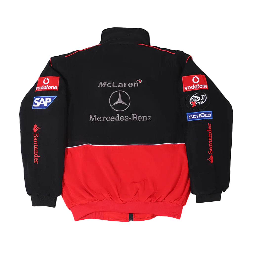 Black and red jacket with various sponsor logos on a gray background