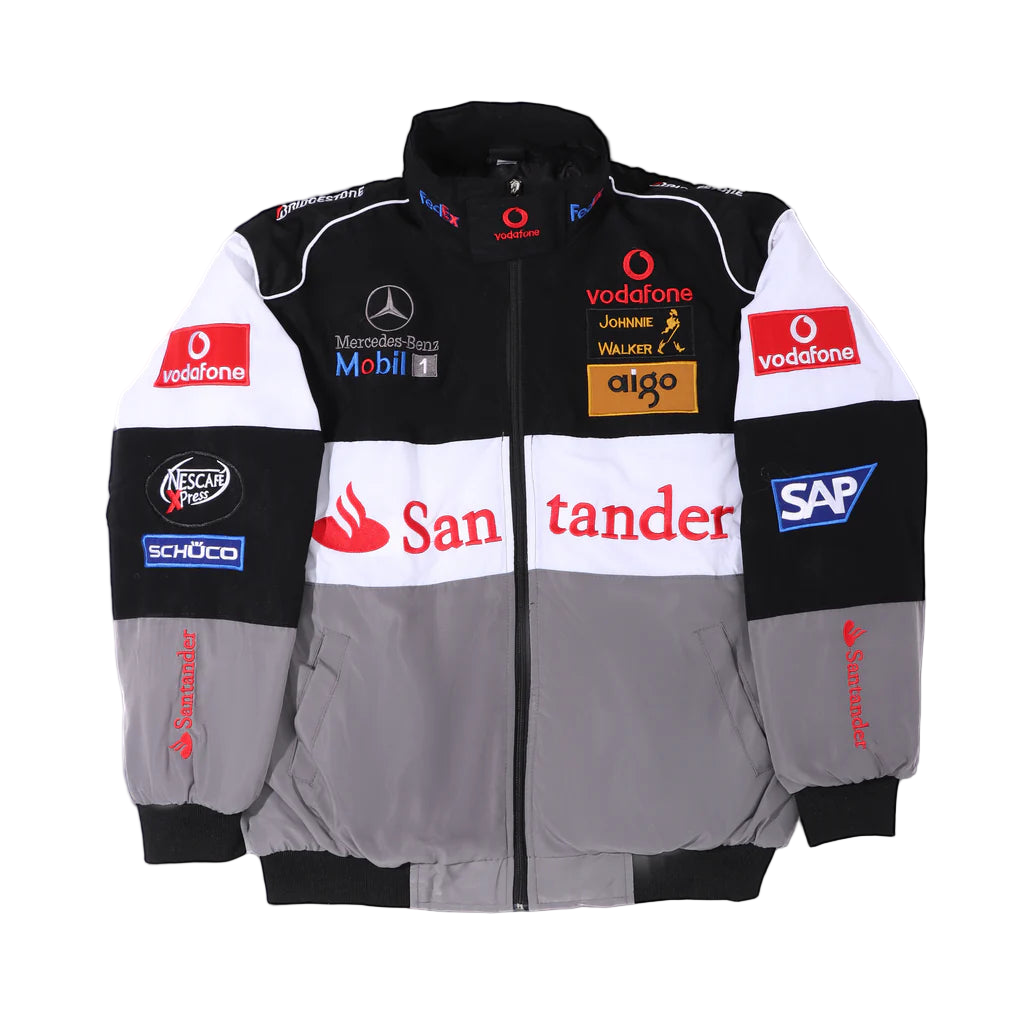 Multibrand jacket with various logos on a gray background