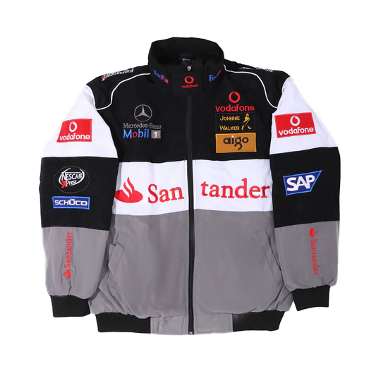 Multibrand jacket with various logos on a gray background