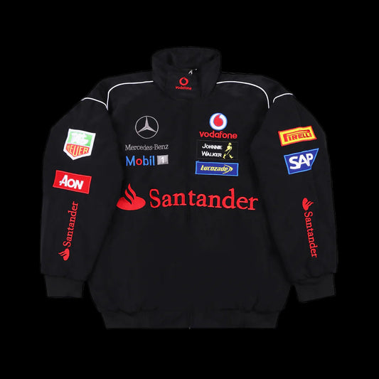 Black jacket with various brand logos on a black background