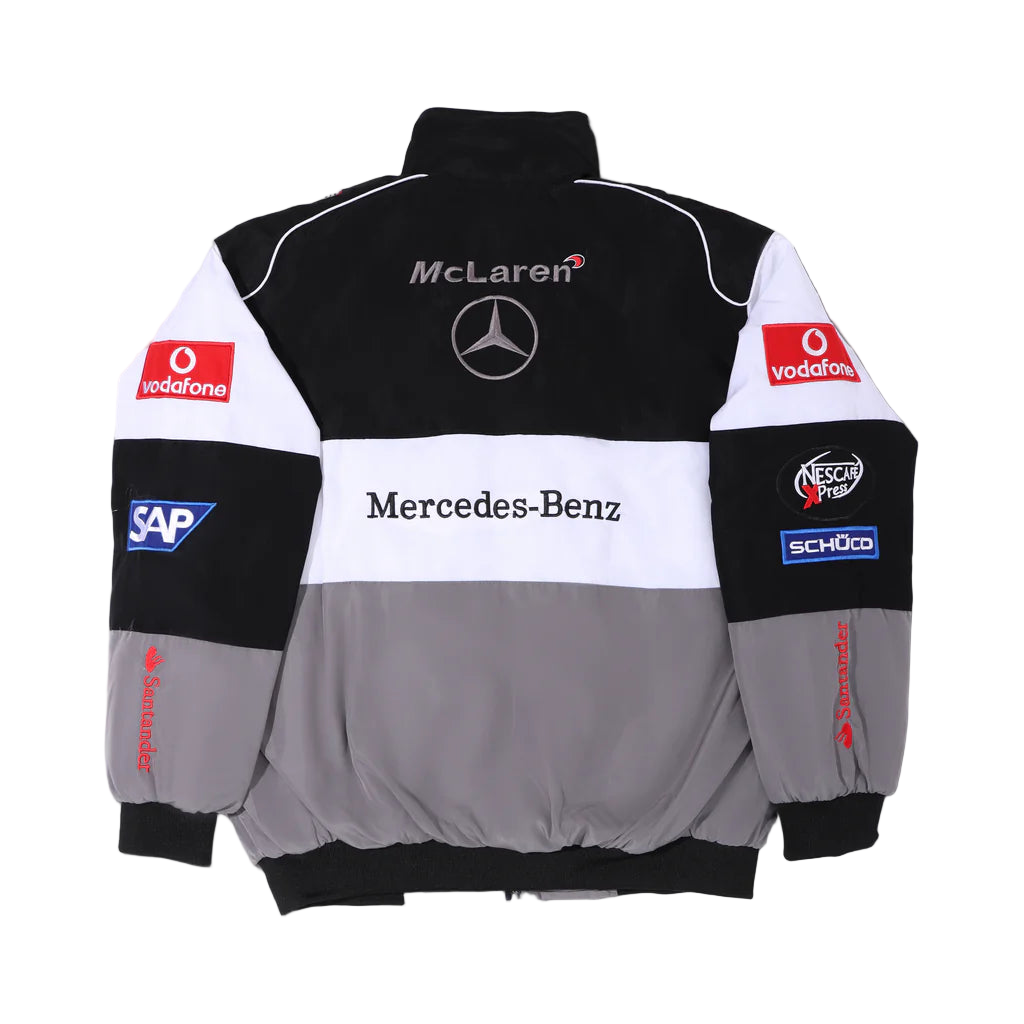 Multibrand, Mercedes racing jacket with visible logos on a gray background