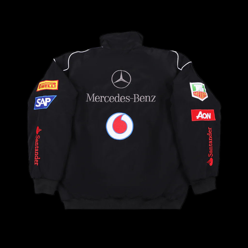 Black jacket with Mercedes-Benz and various sponsor logos on a black background