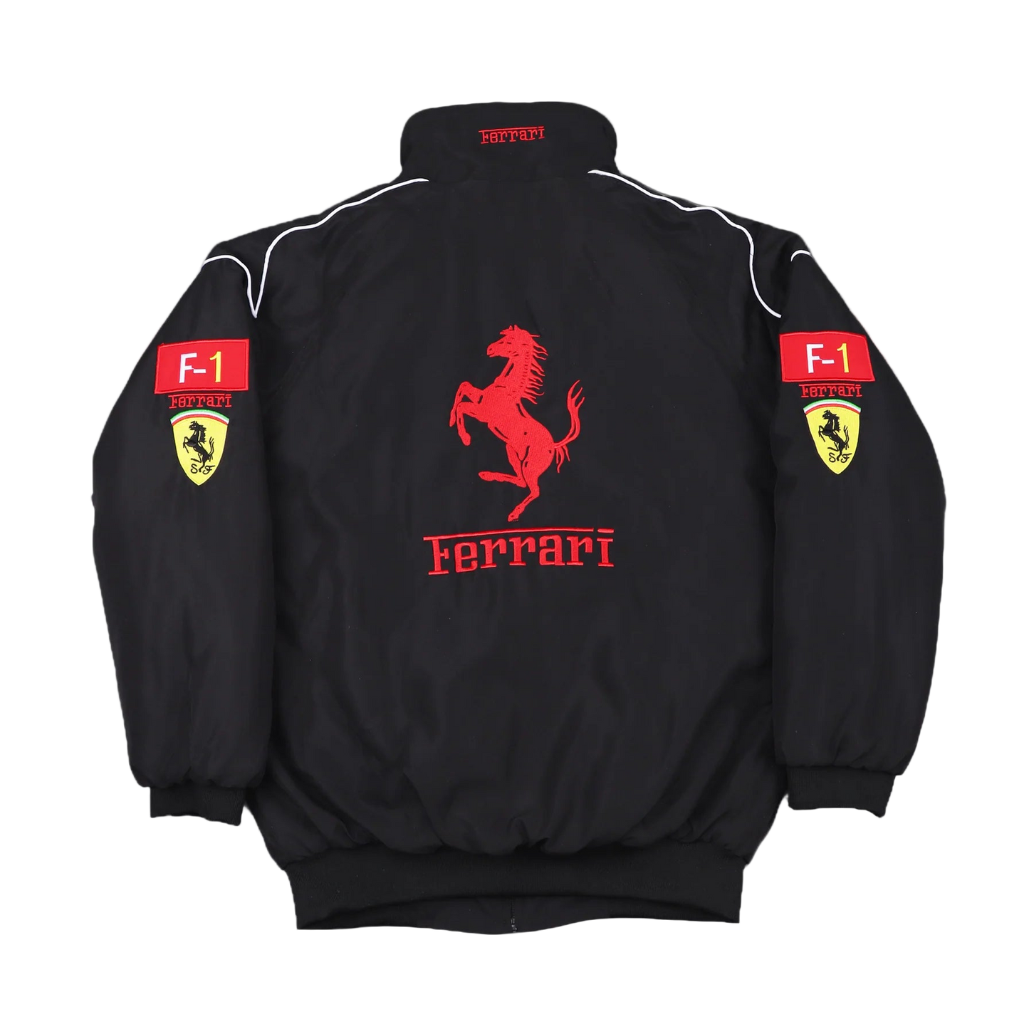 Black Ferrari jacket with red logo and branding on a gray background