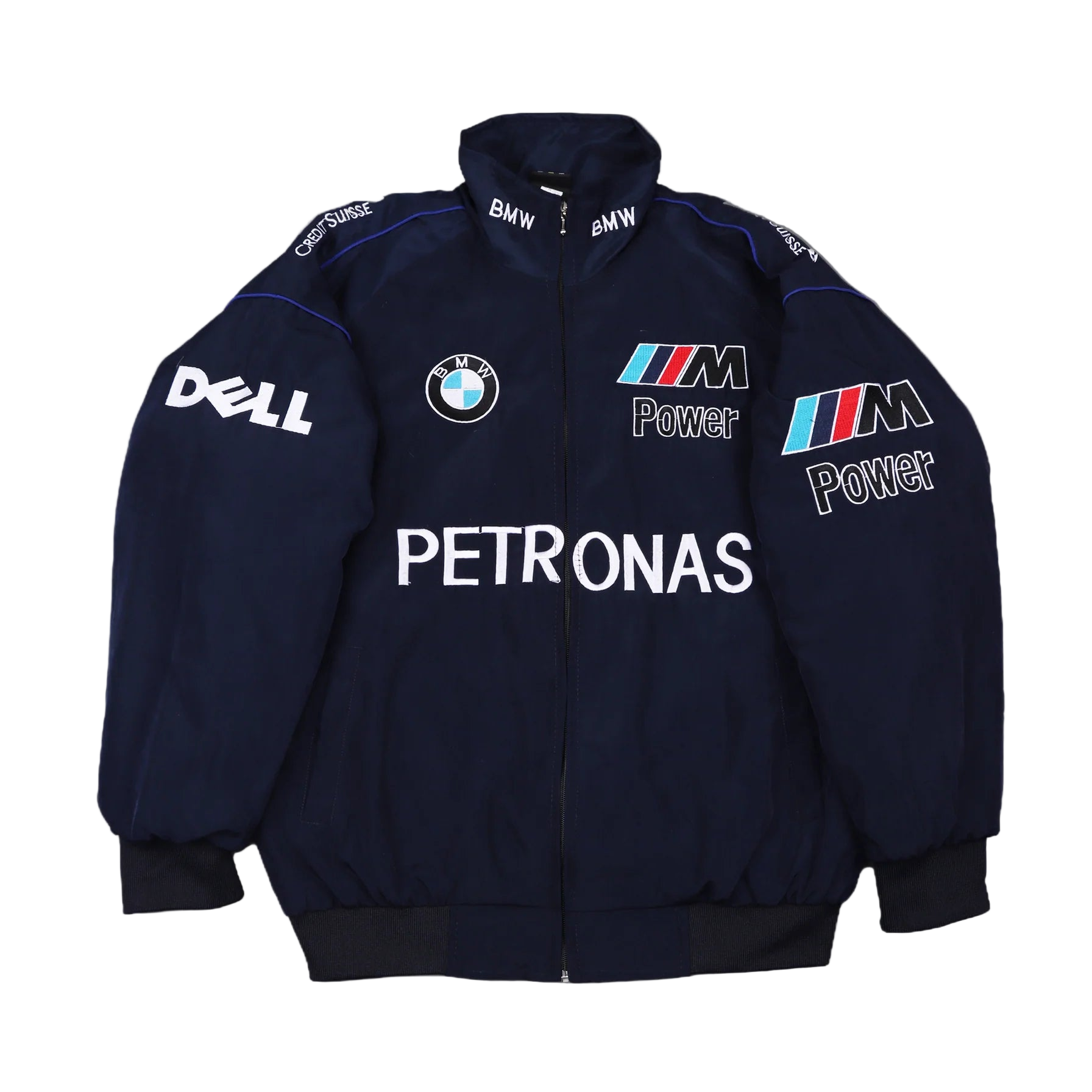 Navy blue jacket with BMW, Dell, and Petronas logos on a gray background