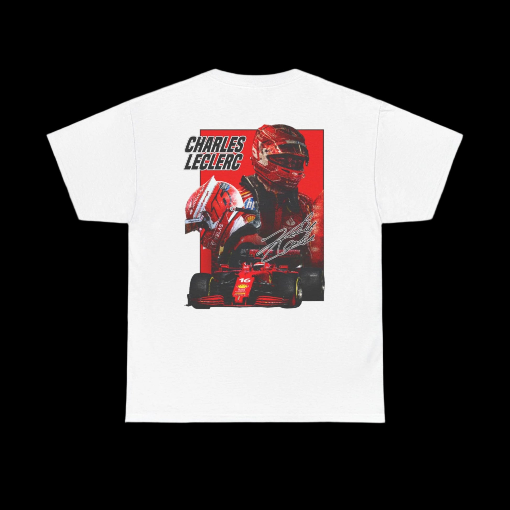 White t-shirt with Formula 1 driver graphic and 'Charles Leclerc' text