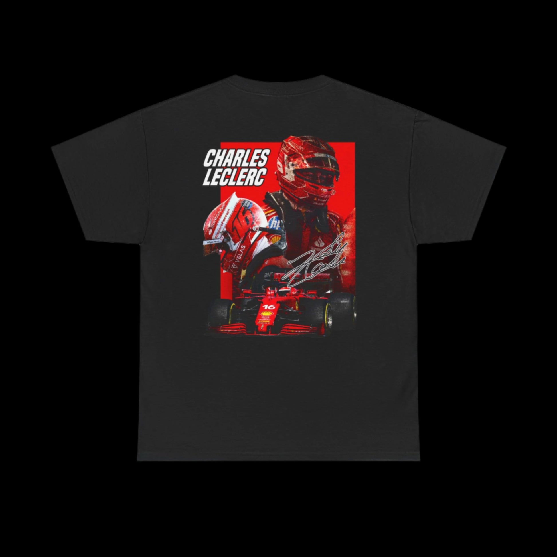 Black t-shirt with Formula 1 driver graphic and 'Charles Leclerc' text
