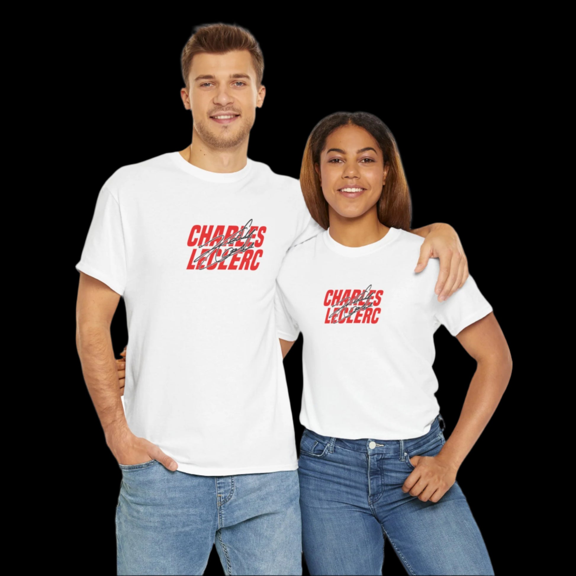 Two people wearing white t-shirts with 'Charles Leclerc' text on it