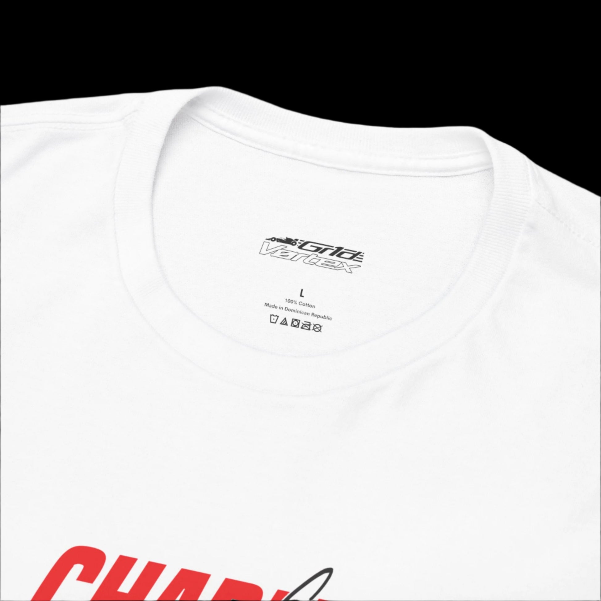 White t-shirt with red text and brand logo (grid vortex)