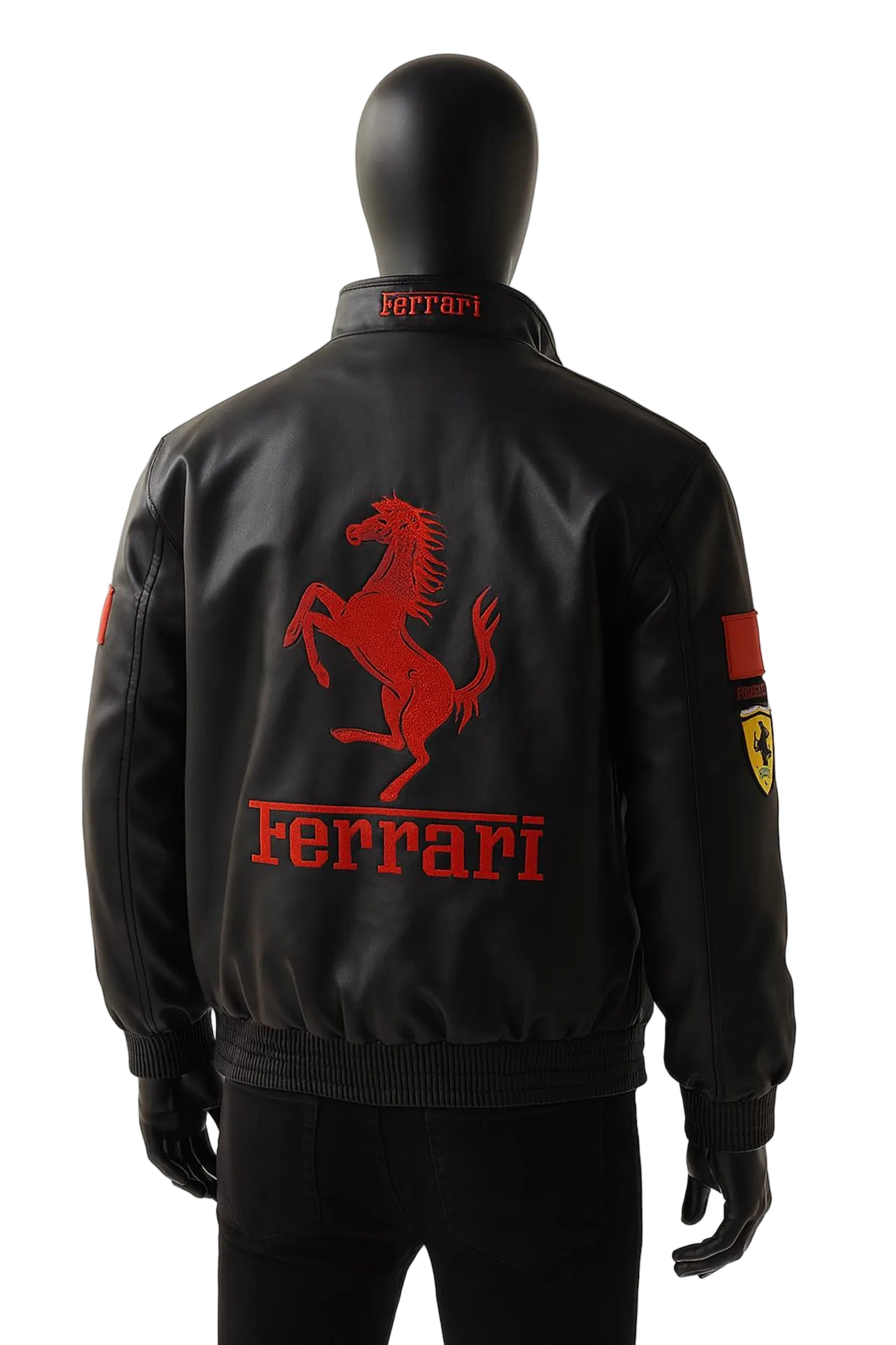 Black Ferrari jacket with red logo on a mannequin against a white background