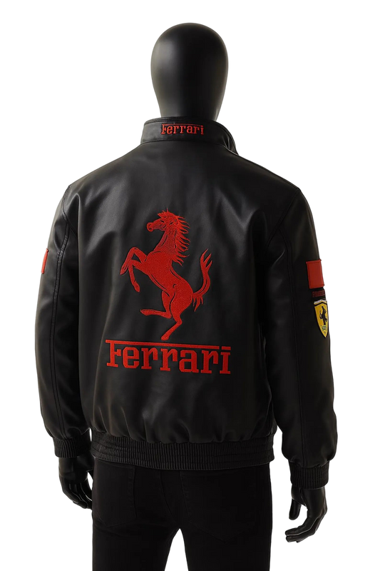 Black Ferrari jacket with red logo on a mannequin against a white background
