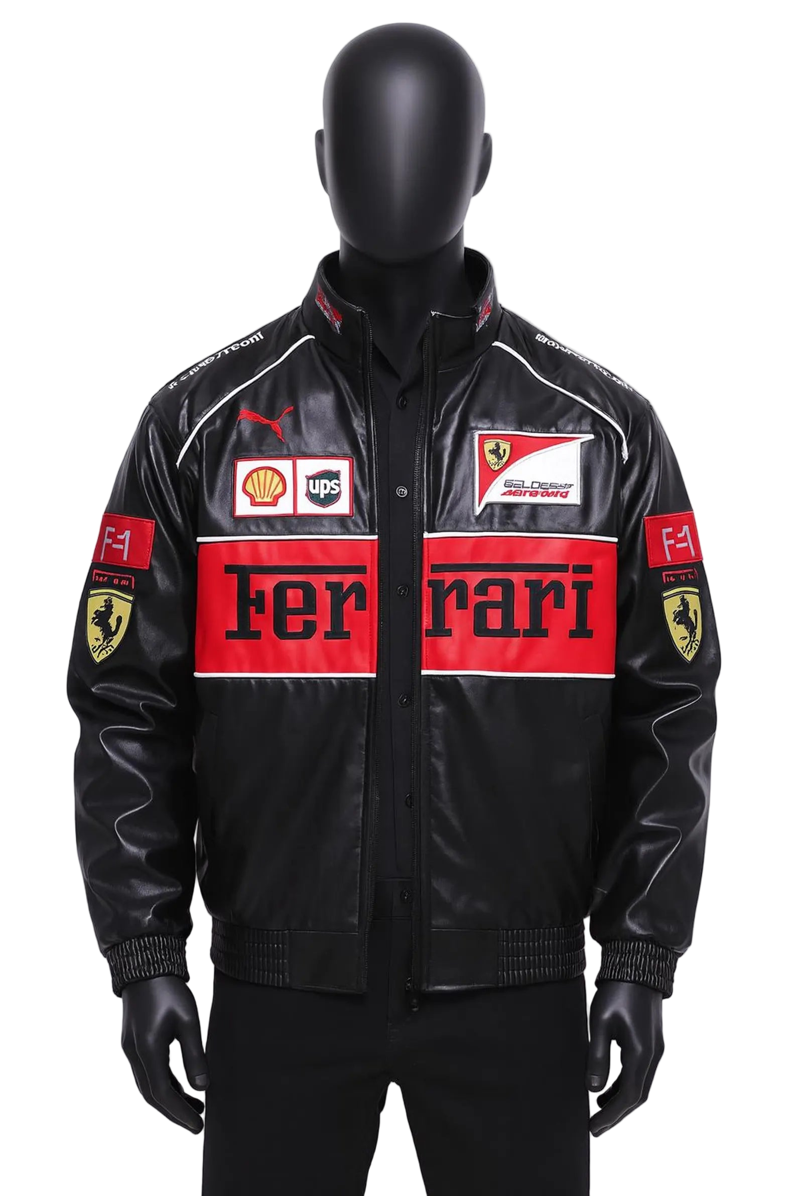 Black leather jacket with Ferrari logos on a mannequin against a white background