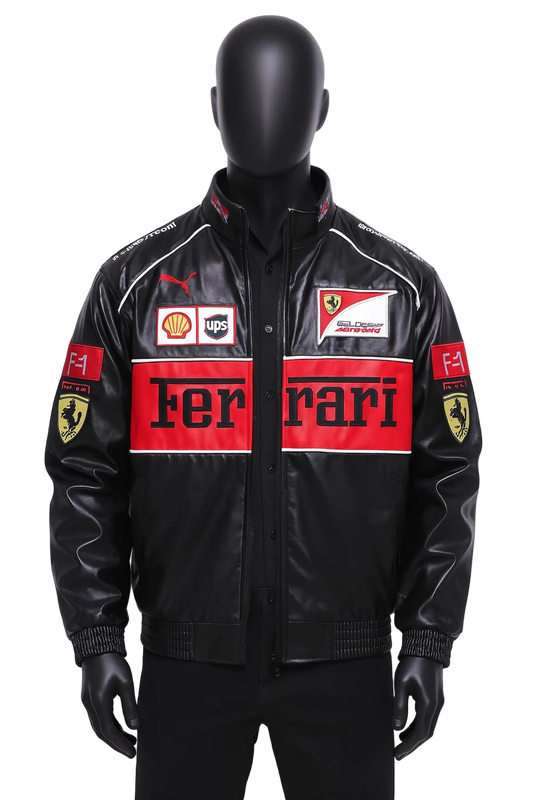 Black leather jacket with Ferrari logos on a mannequin against a white background