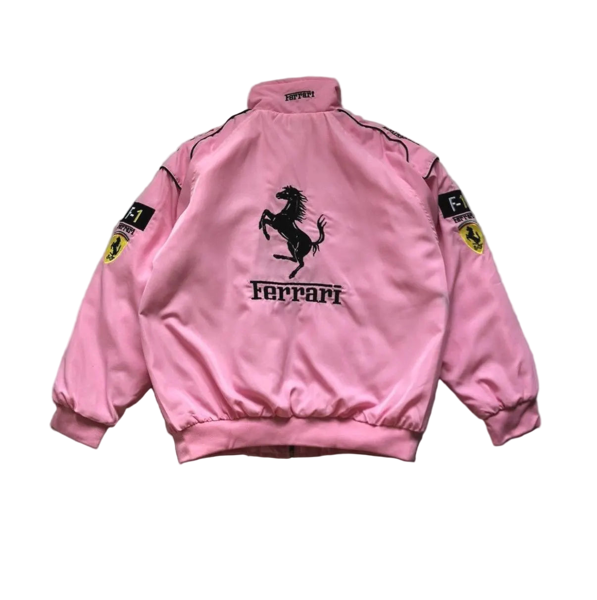 Pink Ferrari jacket with logo on a gray floor