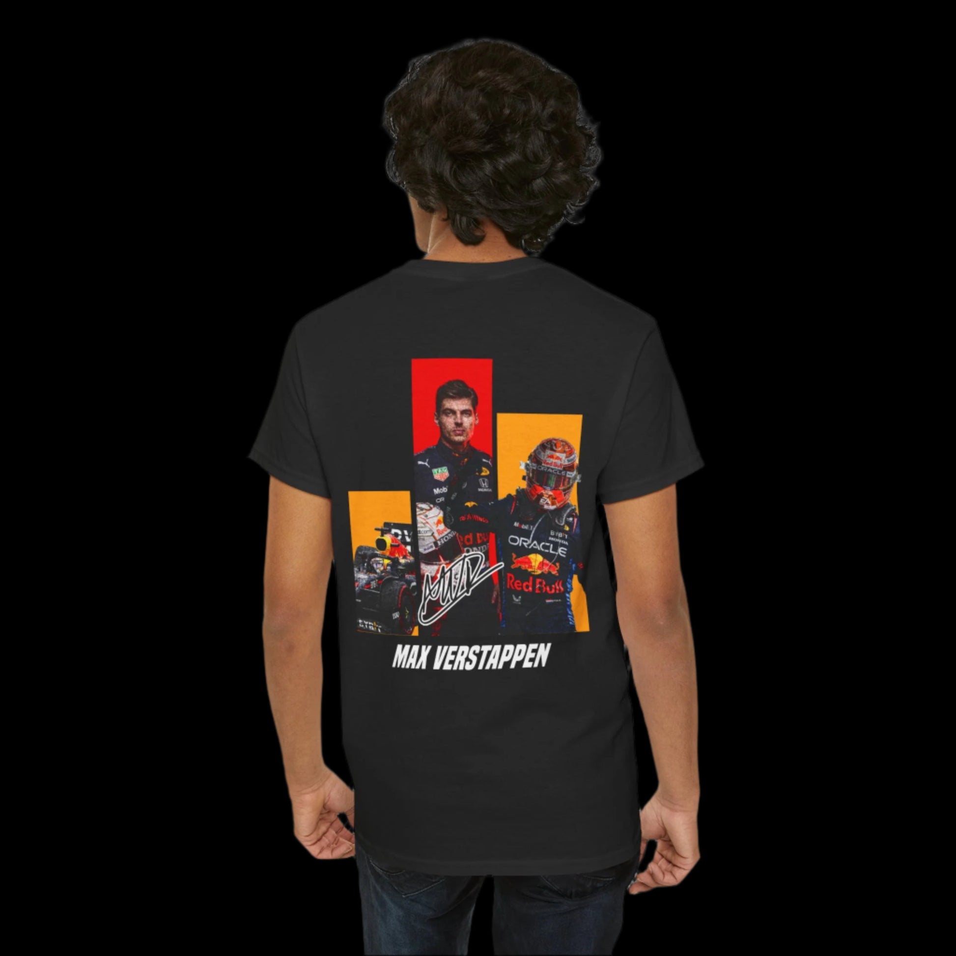 Person wearing a black t-shirt with Max Verstappen graphic on the back