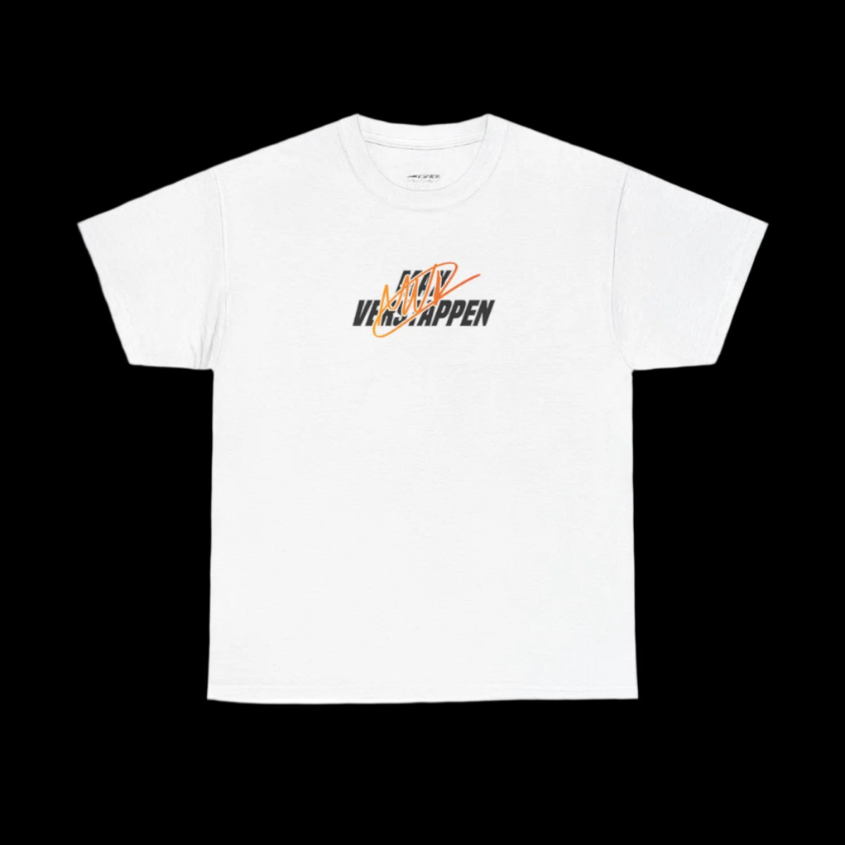White t-shirt with a colorful graphic design of max verstappen