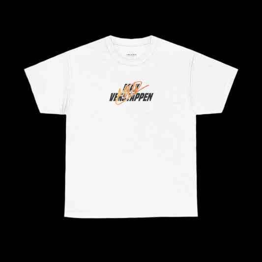 White t-shirt with a colorful graphic design of max verstappen