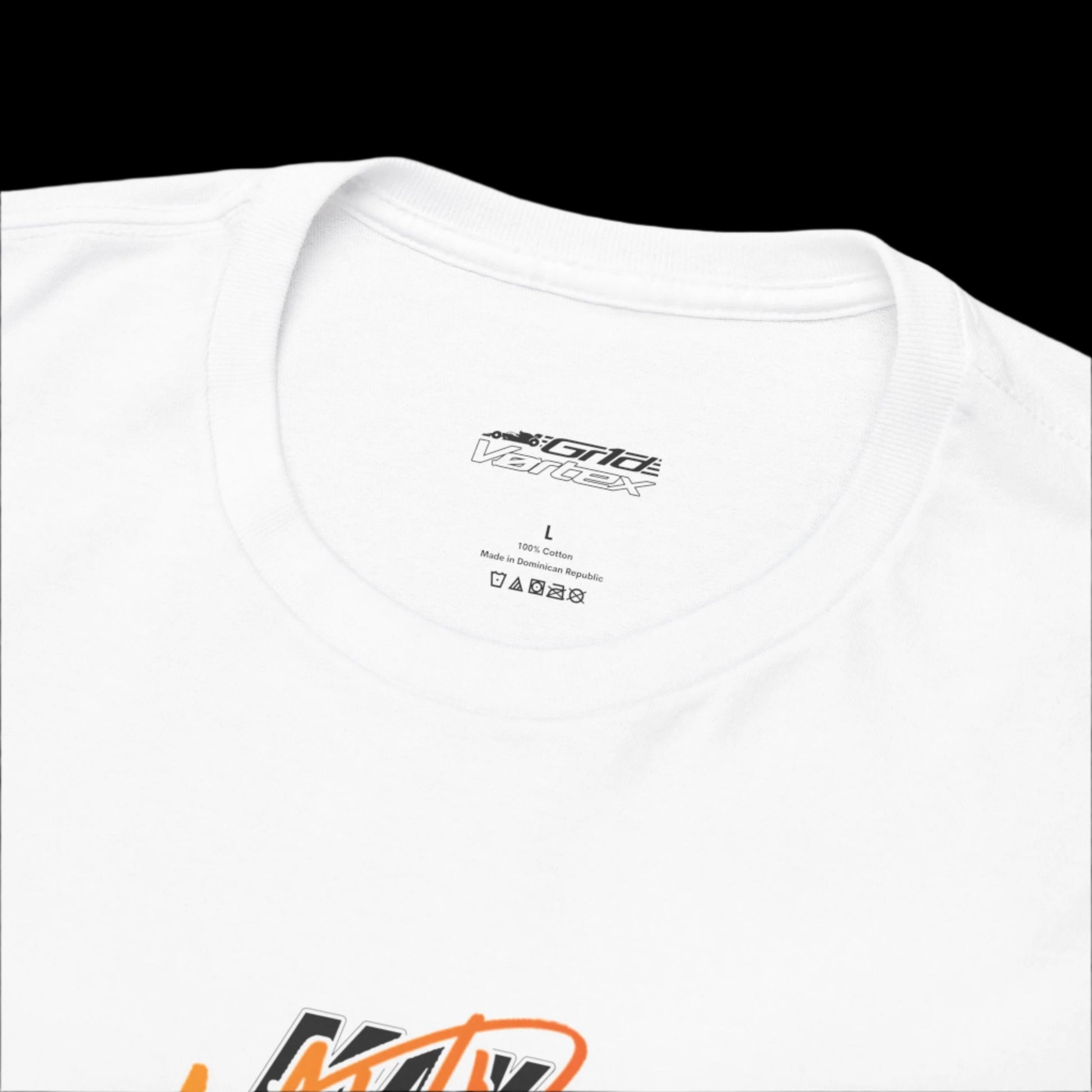 White t-shirt with black and orange logo on a white background