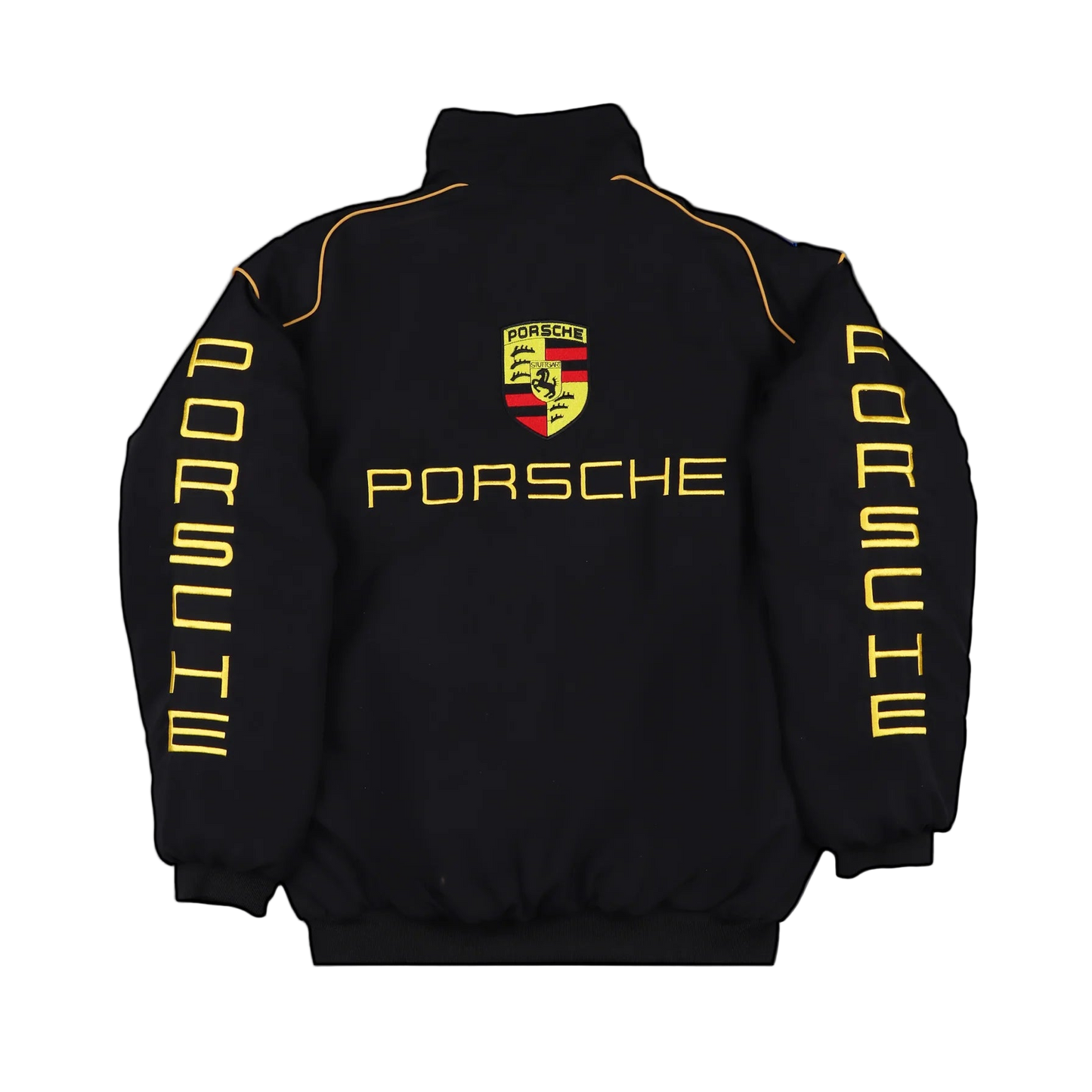 Black Porsche jacket with yellow text and logo on a gray background