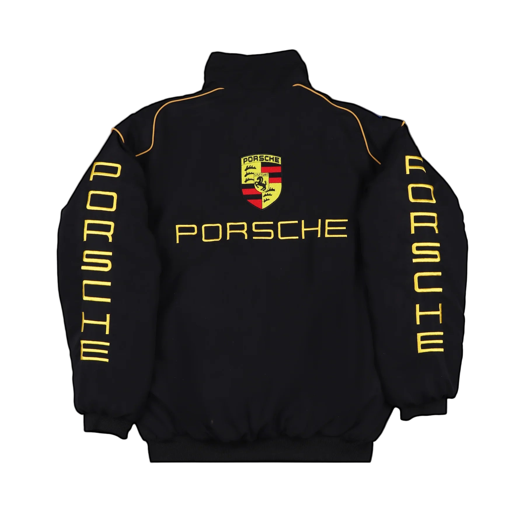 Black Porsche jacket with yellow text and logo on a gray background