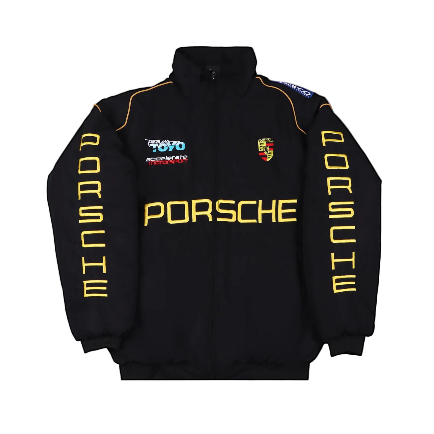 Black Porsche sweatshirt with yellow text and logos on a gray background