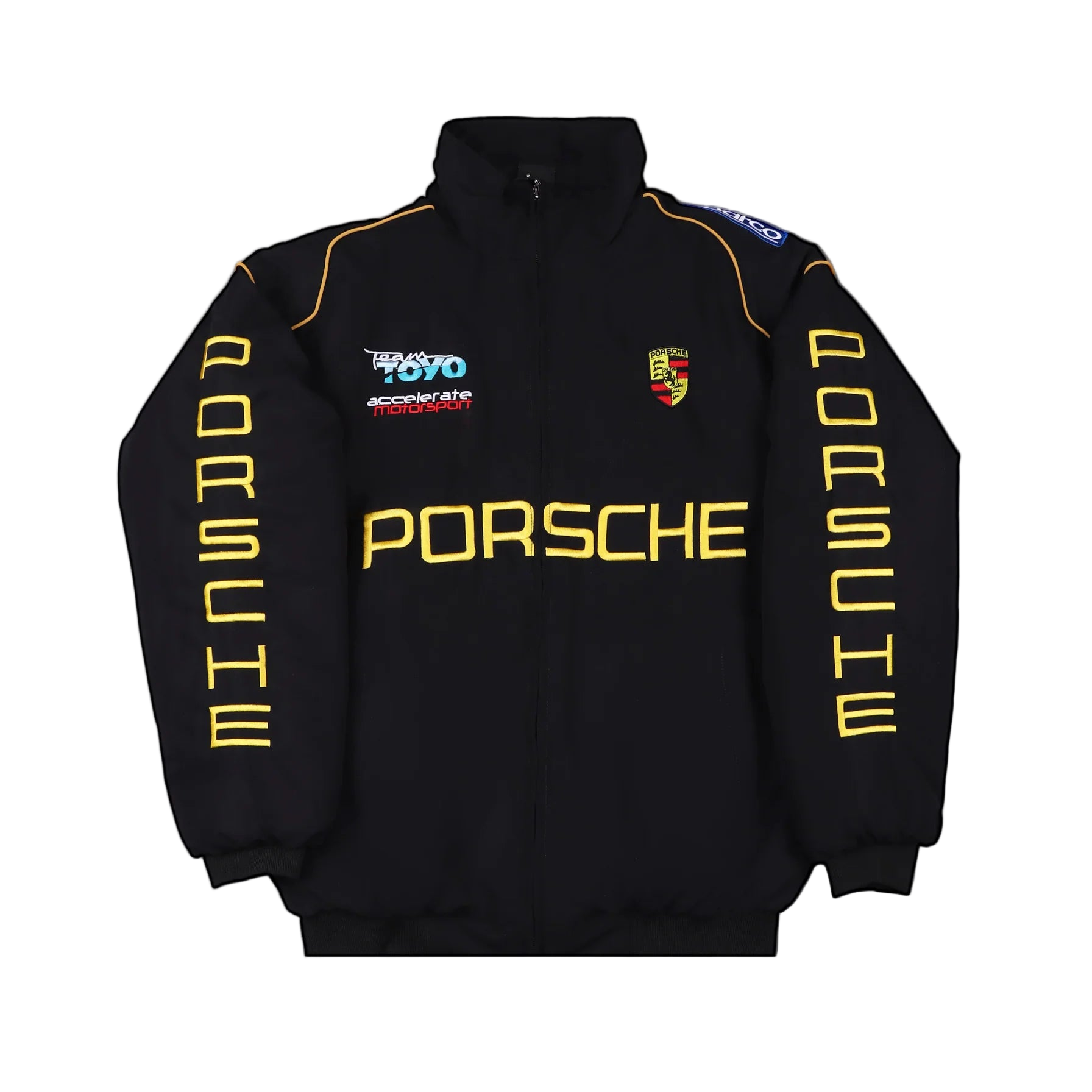 Black Porsche sweatshirt with yellow text and logos on a gray background