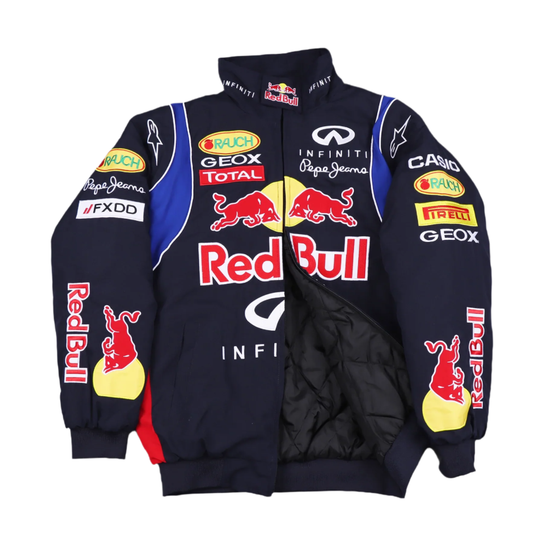 Navy jacket with Red Bull and various sponsor logos on a transparent background