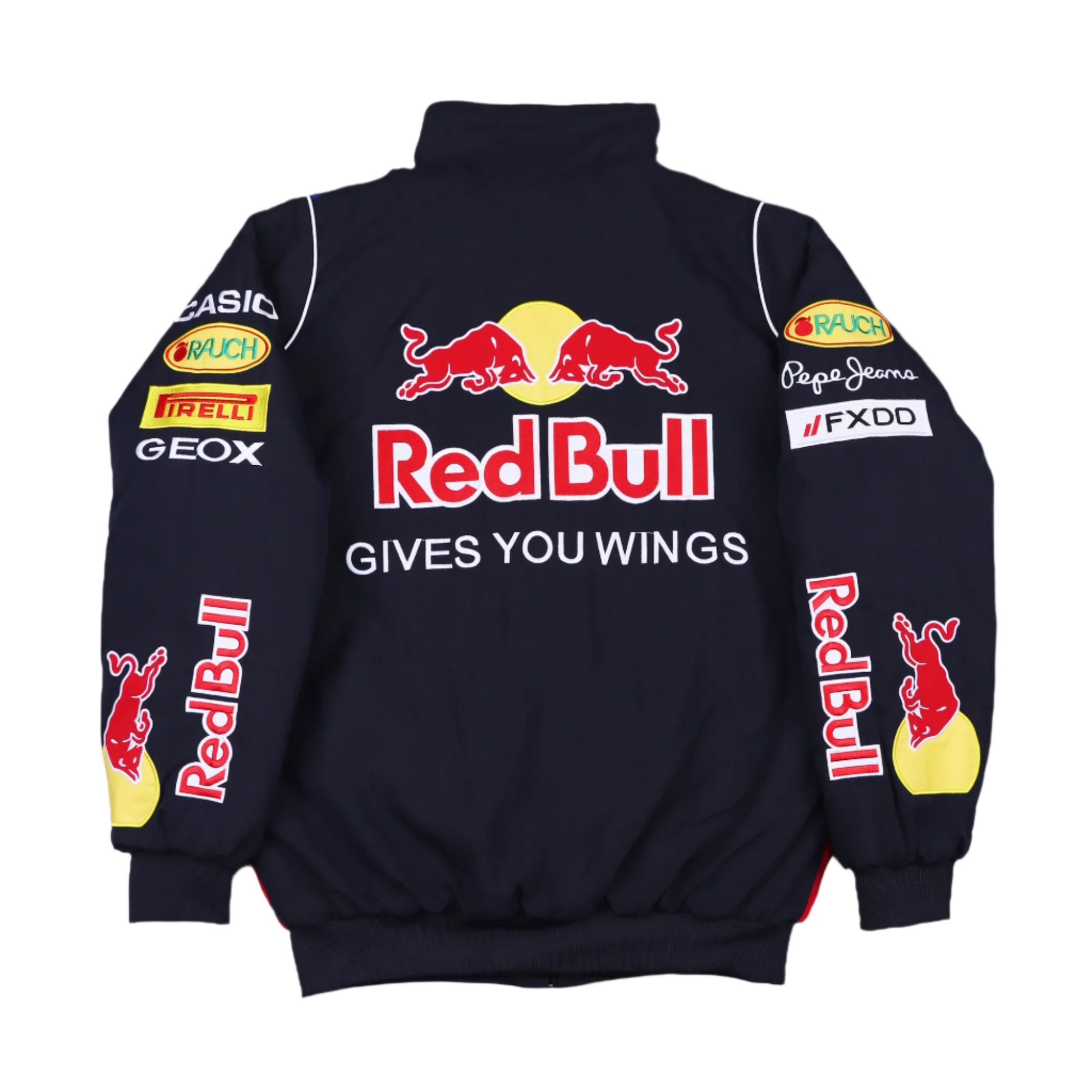 Black jacket with Red Bull branding and logos on a transparent background