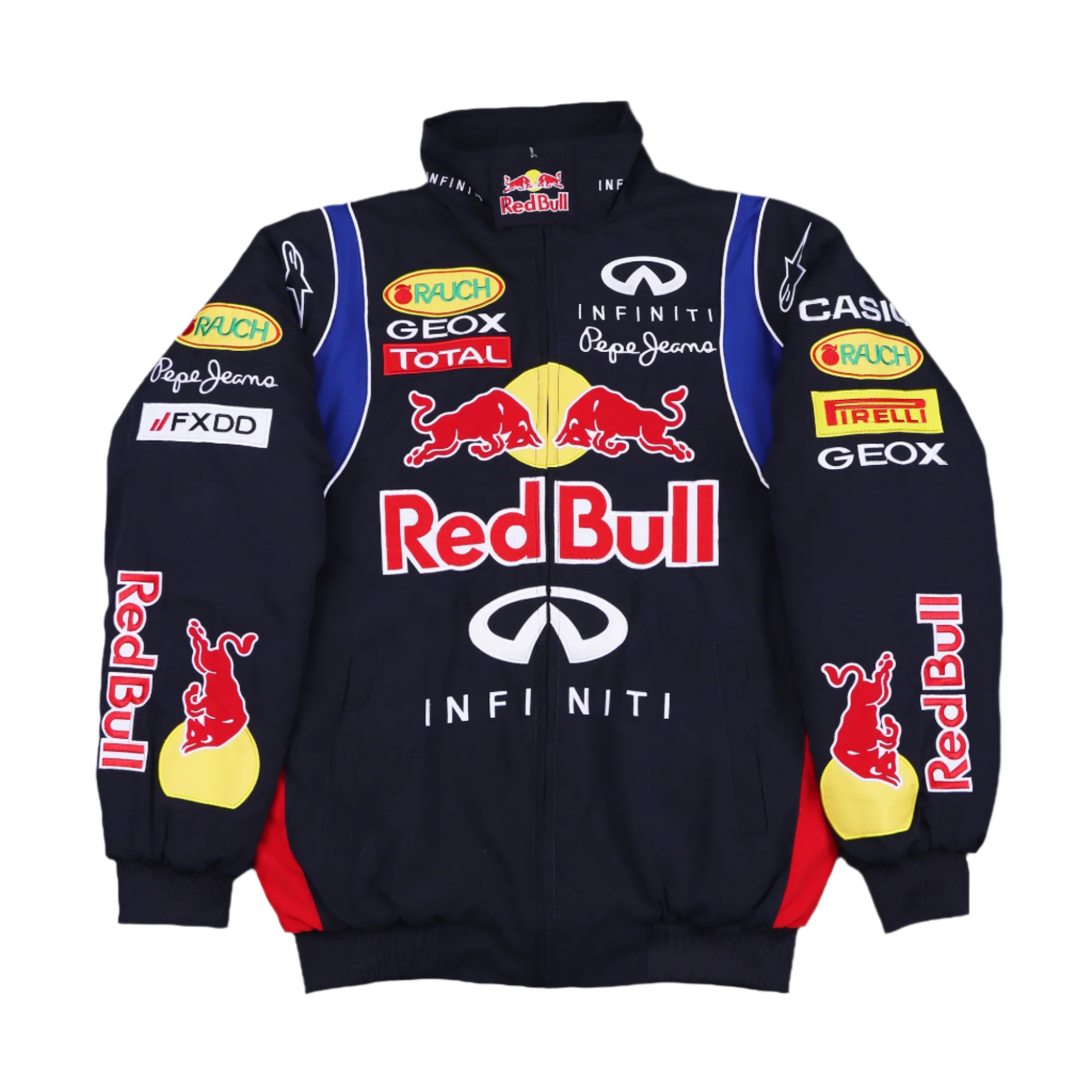 Black jacket with Red Bull and various brand logos on a gray background