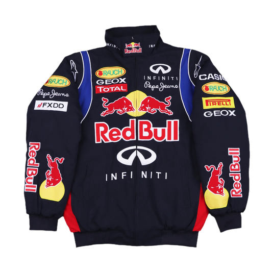 Black jacket with Red Bull and various brand logos on a gray background