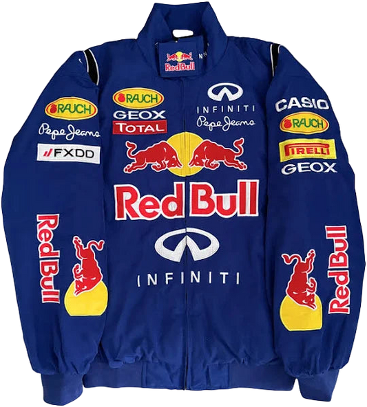 Blue jacket with Red Bull and Infiniti logos on a white background