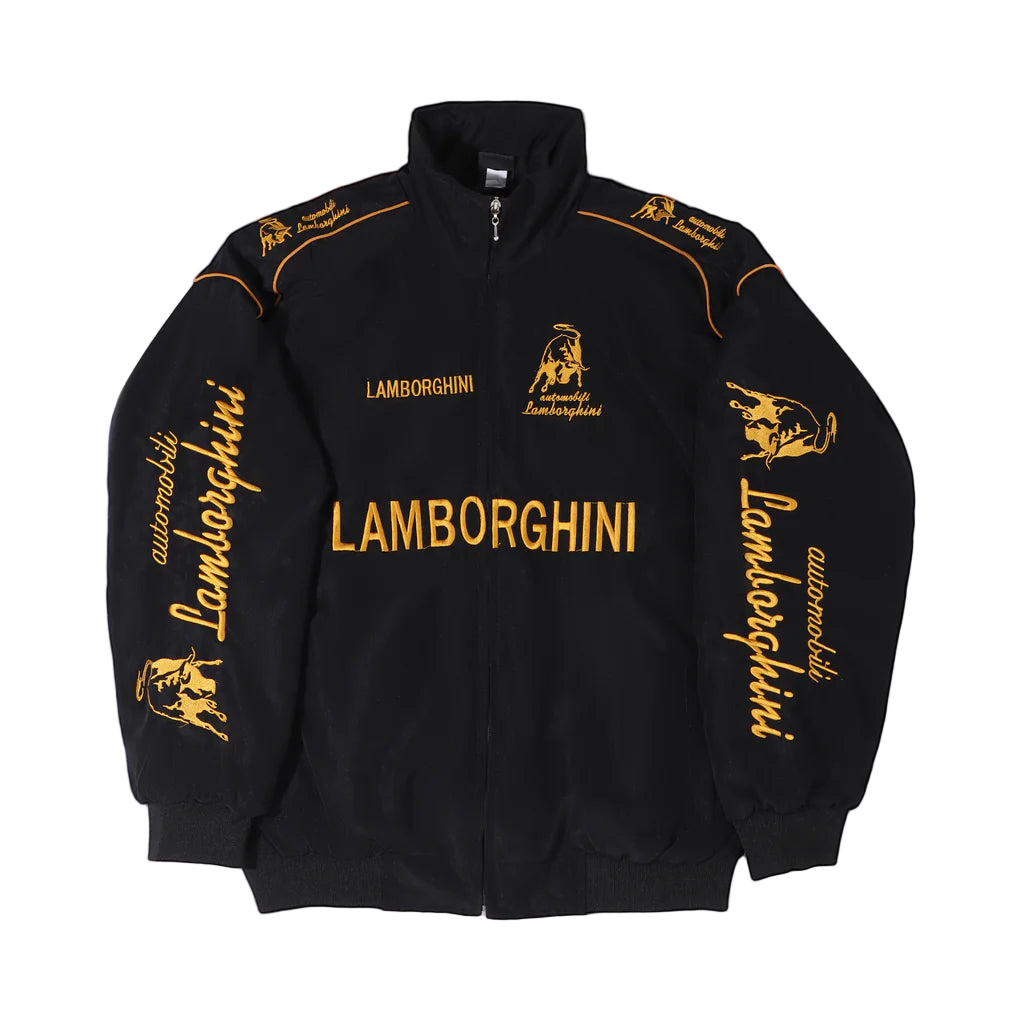 Black jacket with gold Lamborghini branding on a gray background