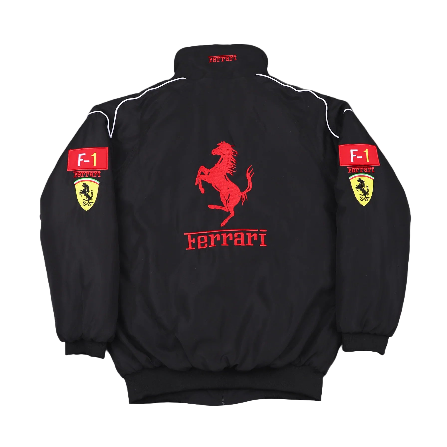 Black Ferrari jacket with red logo and branding on a gray background