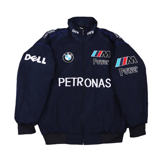 Navy blue jacket with BMW, Dell, and Petronas logos on a gray background