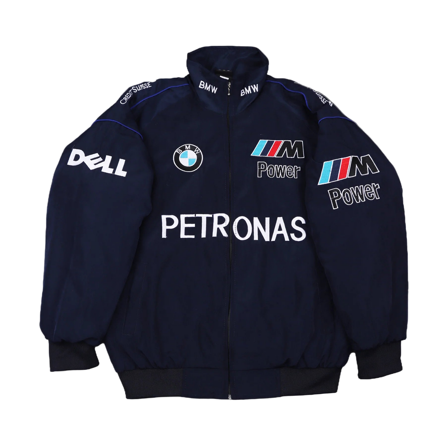 Navy blue jacket with BMW, Dell, and Petronas logos on a gray background