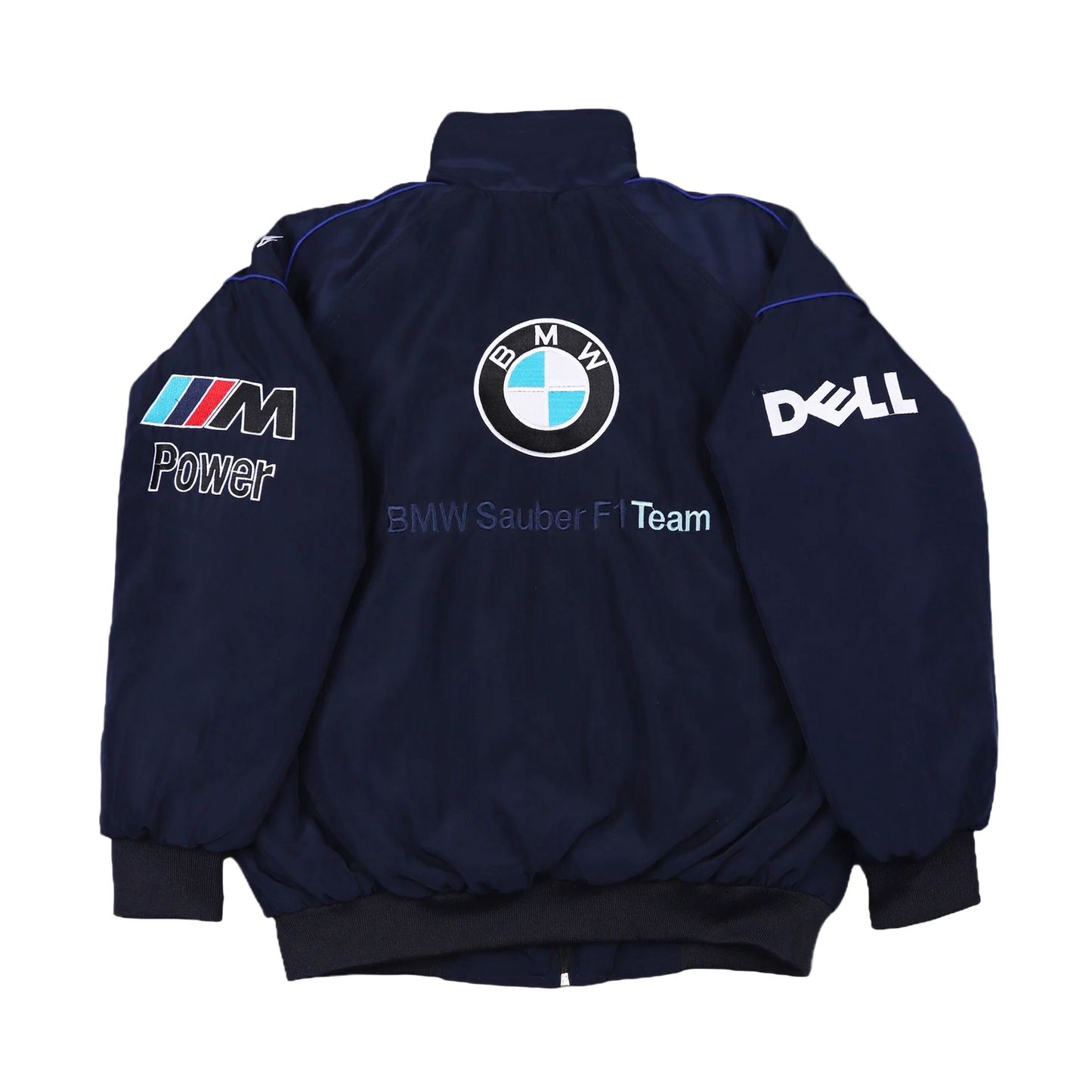 Navy blue jacket with BMW and Dell logos on a gray background