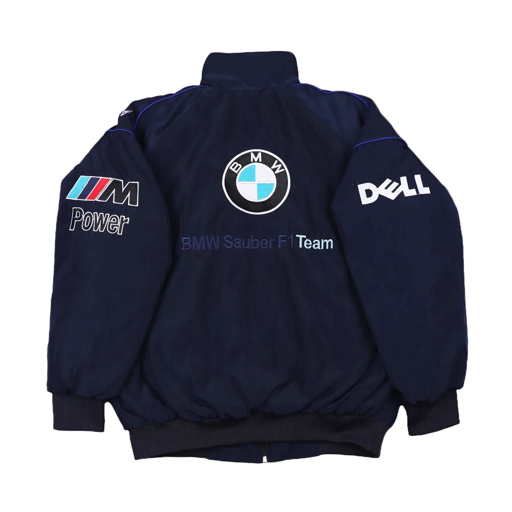 Navy blue jacket with BMW and Dell logos on a gray background