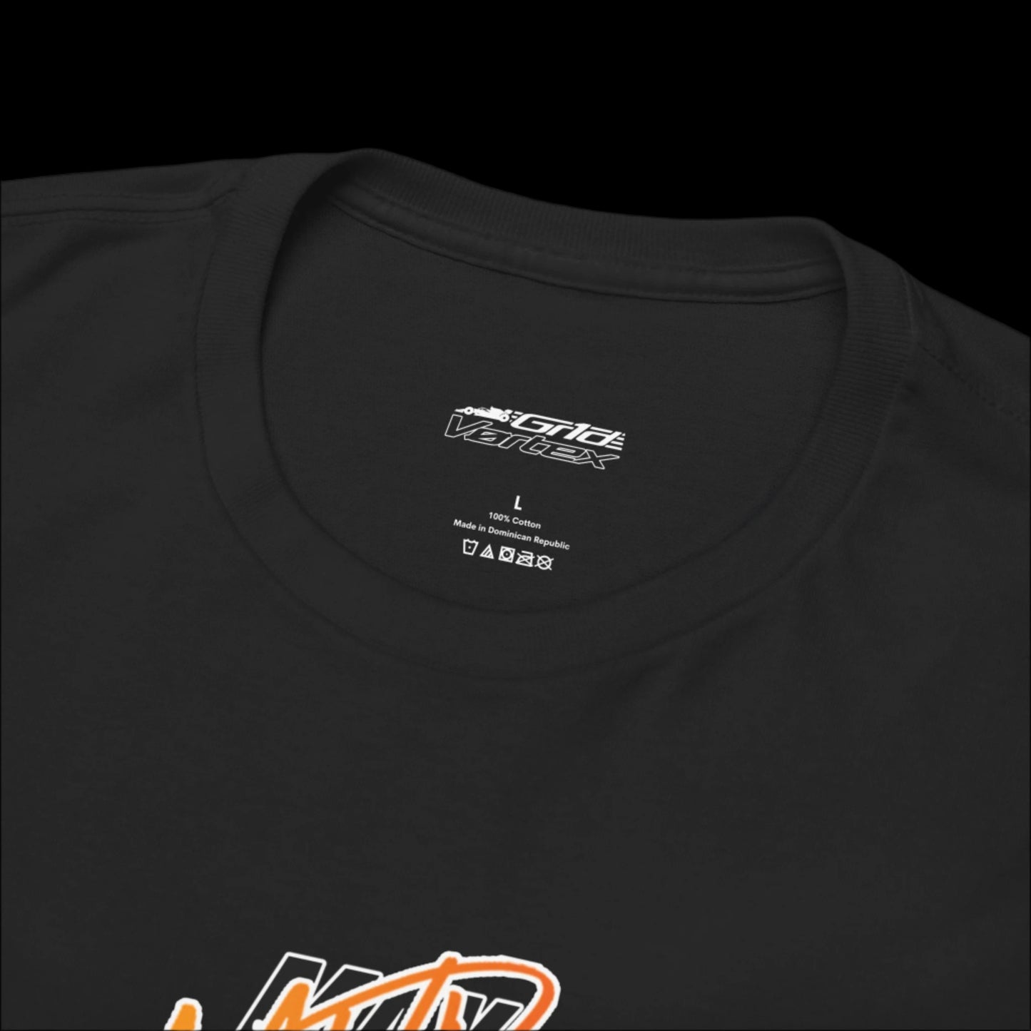 Black t-shirt with a brand logo (grid vortex) on the chest and label on the collar 