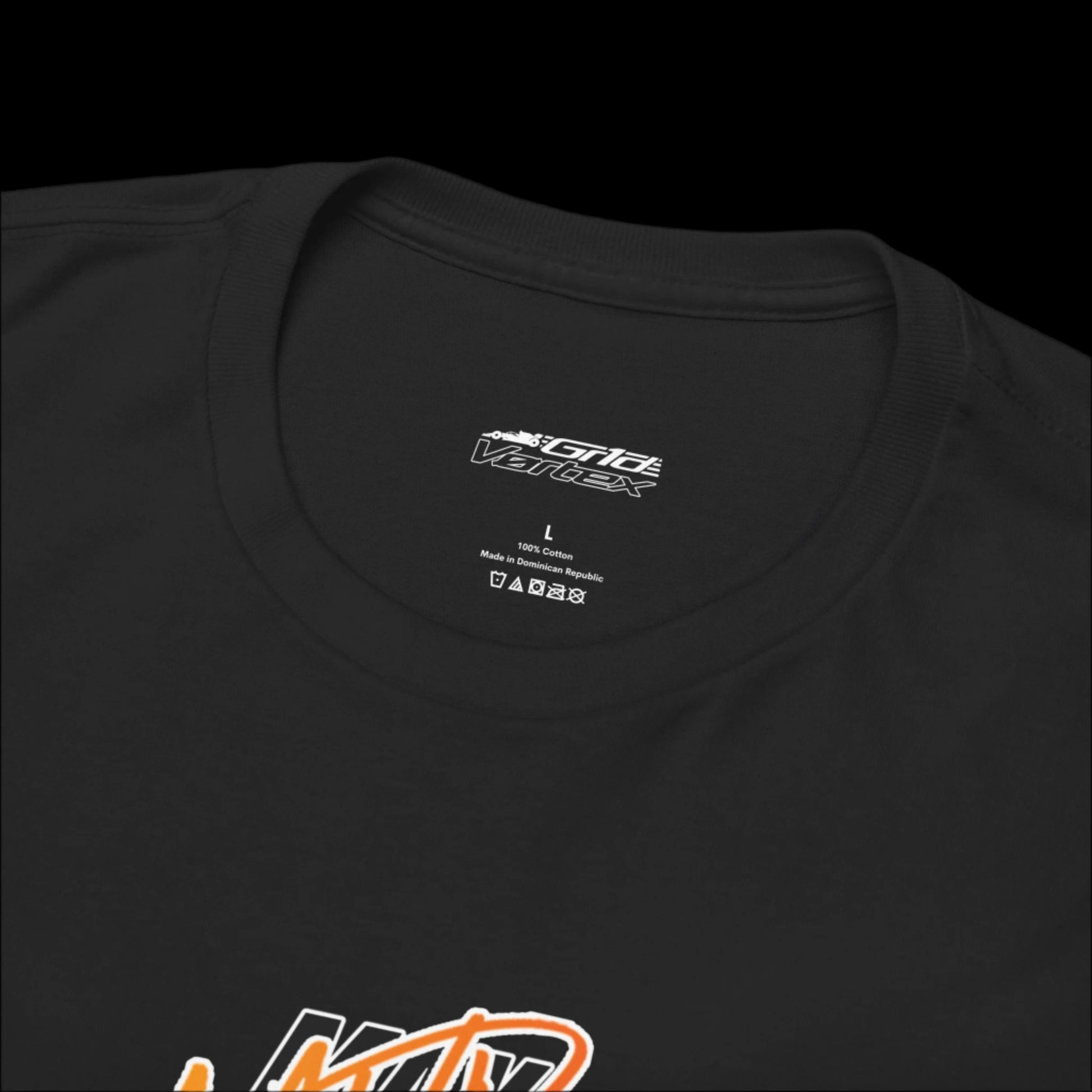 Black t-shirt with a brand logo (grid vortex) on the chest and label on the collar 
