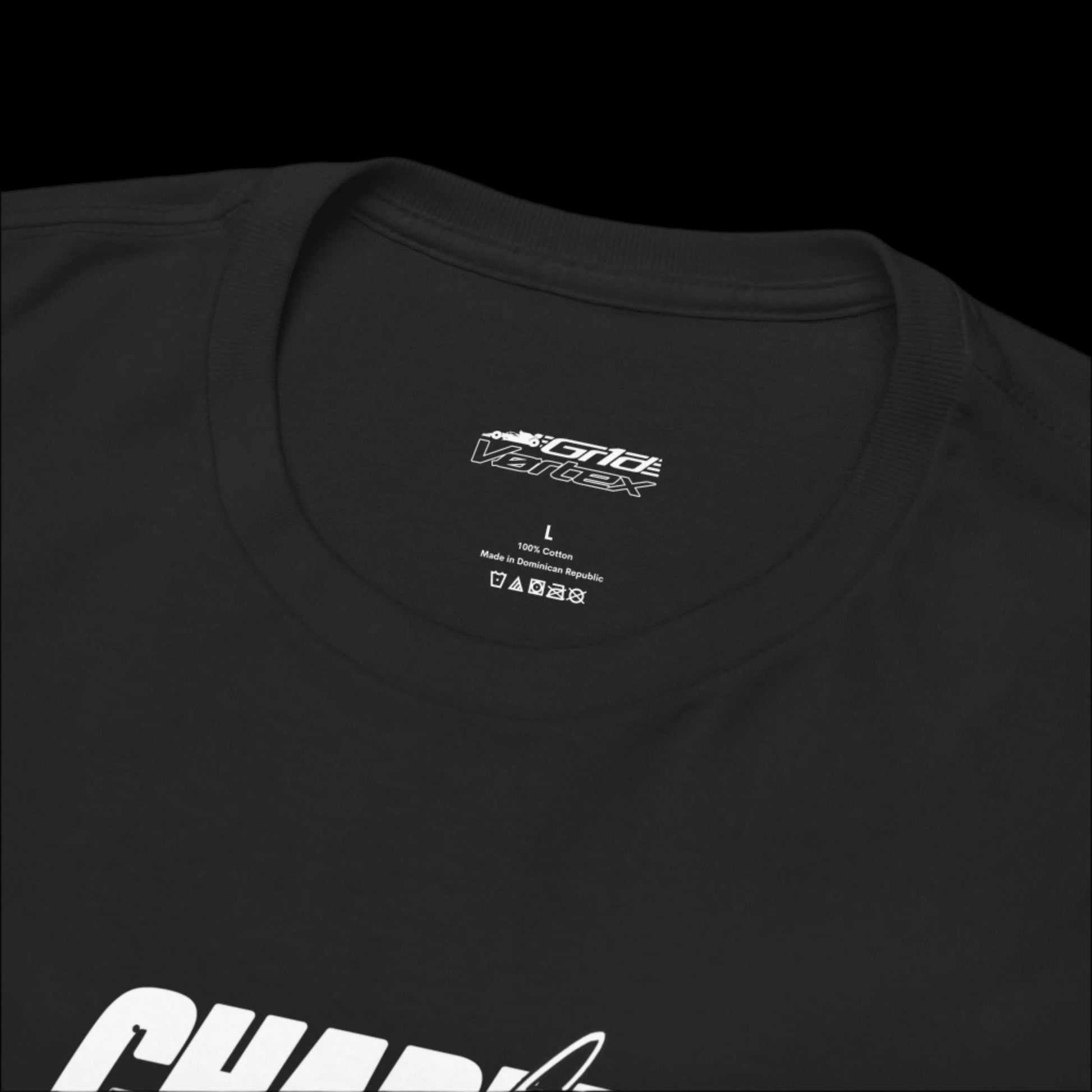 Black t-shirt with a brand label on the collar (grid vortex)