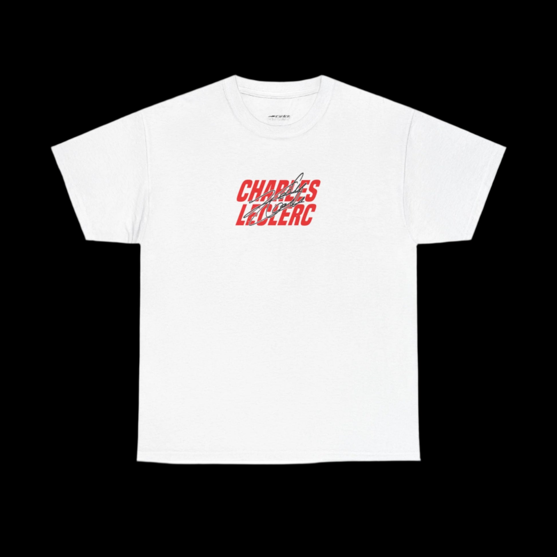 White t-shirt with red and black "charles leclerc" text 