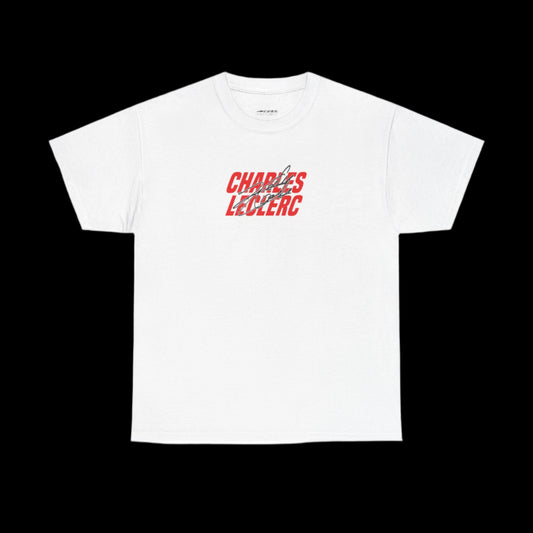 White t-shirt with red and black "charles leclerc" text 
