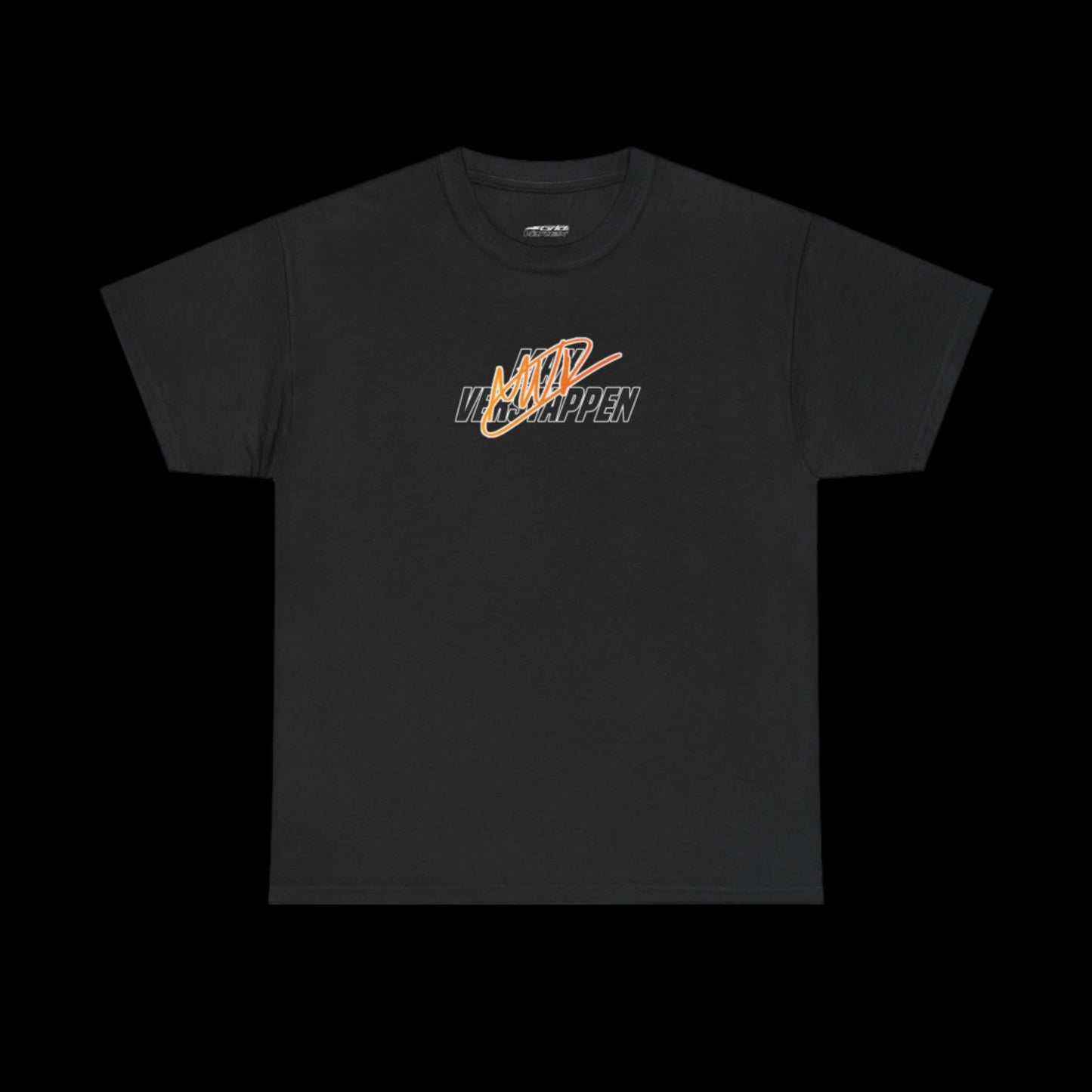 Black t-shirt with a max verstappen logo on a white background
