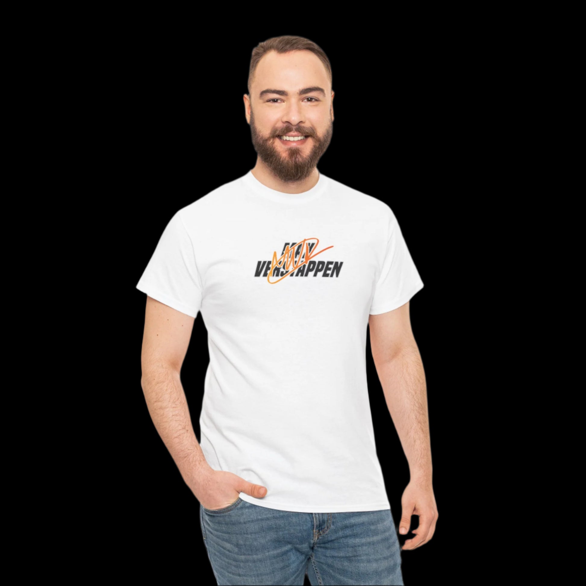 Man wearing a white t-shirt with text that says max verstappen 